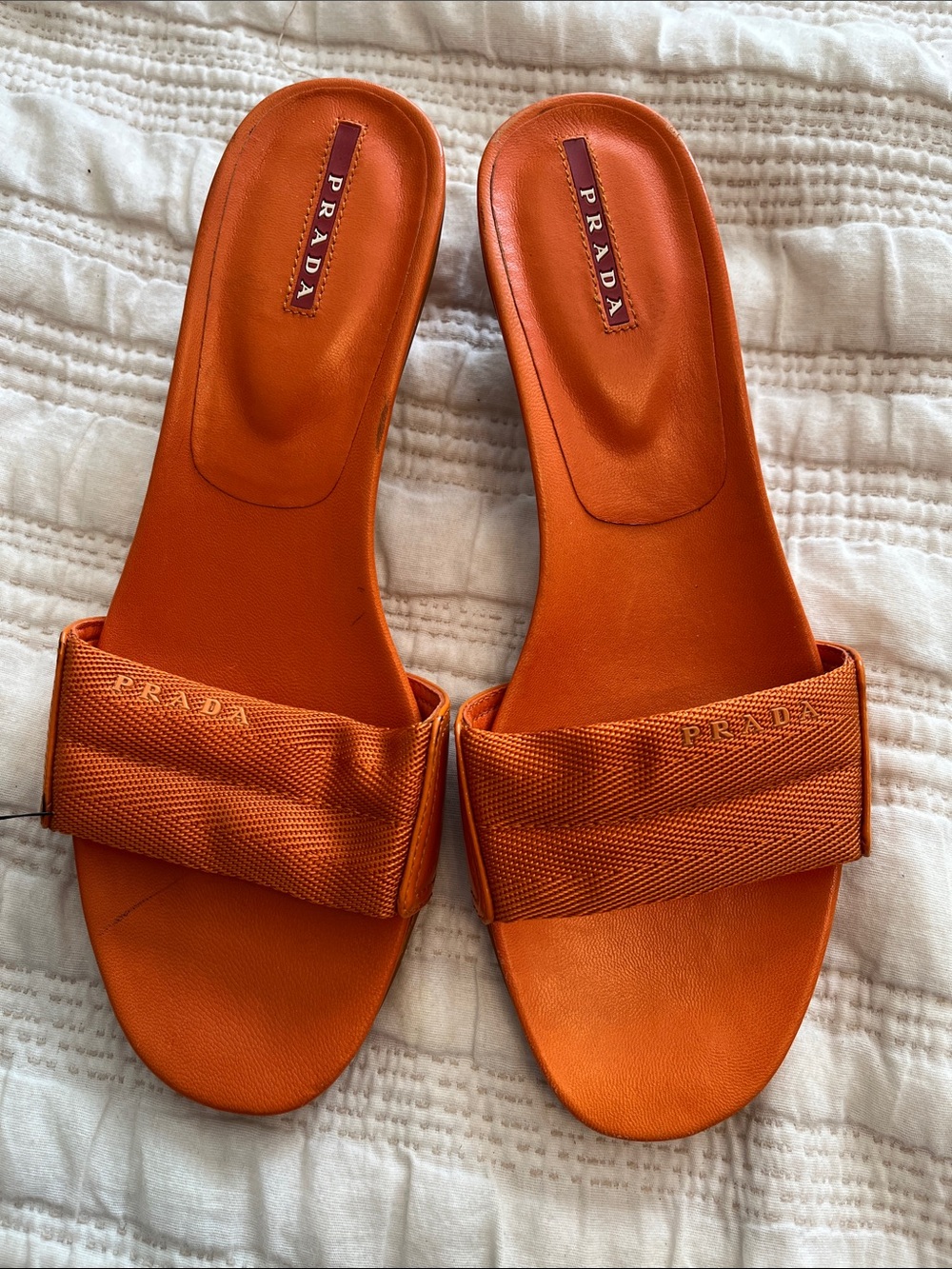Prada Orange Fabric Strap Slide Sandals - Picture 3 of 7